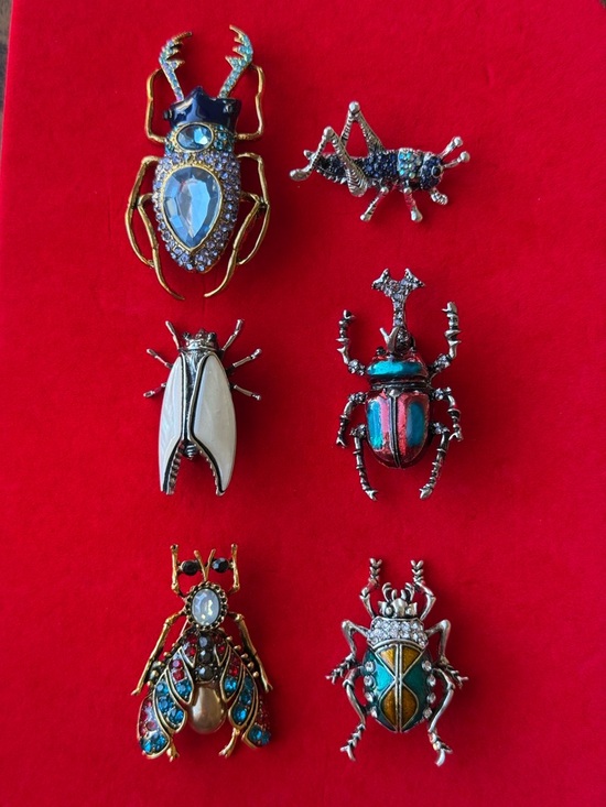 SOLD Assorted Jeweled Beetle & Insect Brooch Pins - Blue, Teal, Gold, Cream - Picture 3 of 3
